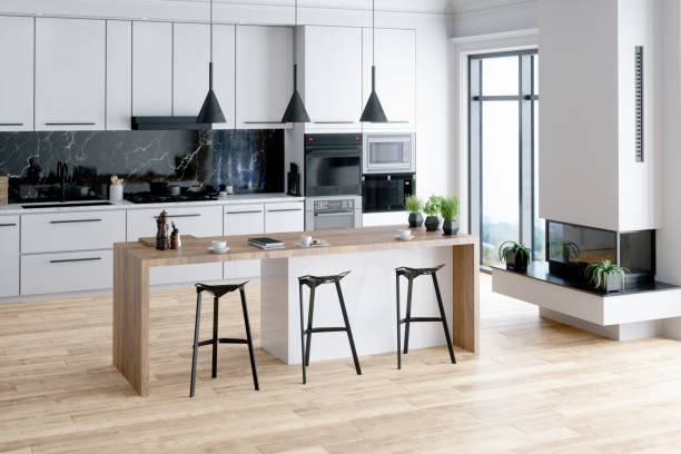 beautiful kitchen in luxury home with island - hardwood imagens e fotografias de stock