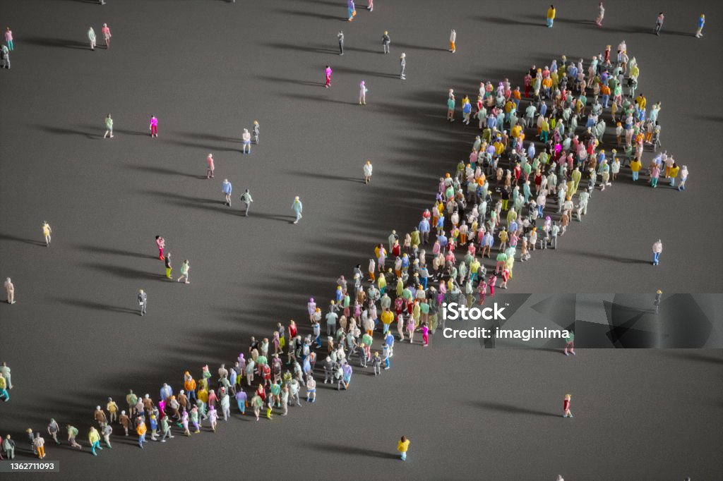 Large Group Of People Forming A Growing Arrow 3d low-poly people forming a growing arrow. Growth Stock Photo