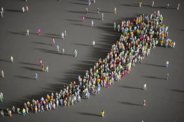 3d low-poly people forming a growing arrow.