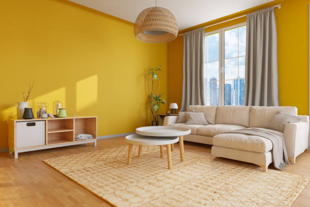 Cozy Living Room with Yellow Walls stock photo
