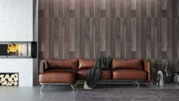 istock Leather Sofa with Wooden Wall and Fireplace 1362711205