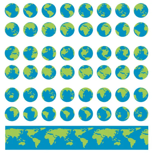 Vector illustration of Earth Globes set. Planet Earth turnaround, rotation at different angles for animation