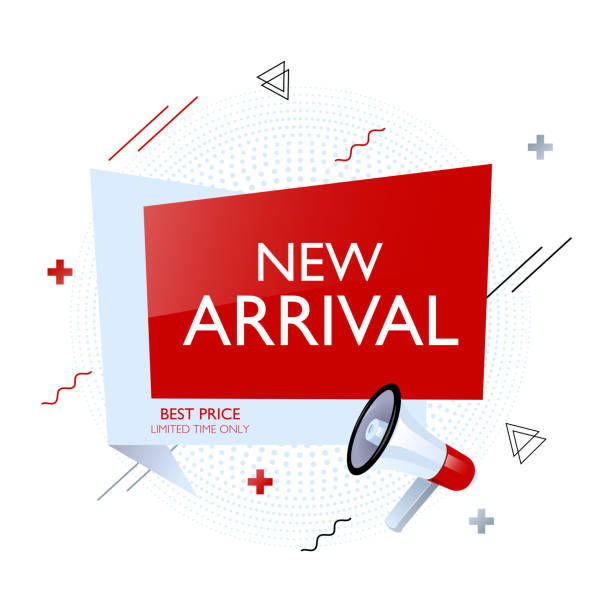 ilustrações de stock, clip art, desenhos animados e ícones de new arrival banner on red with megaphone. best price sign. abstract vector template. limited time only text - new arrivals