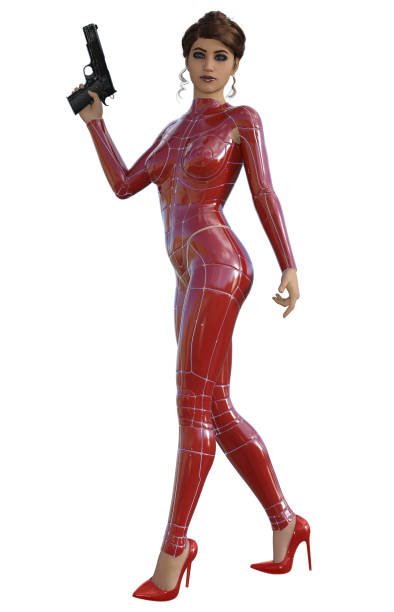 istock Futuristic Warrior in a Red uniform armed with gun, 3d rendering 1362712879