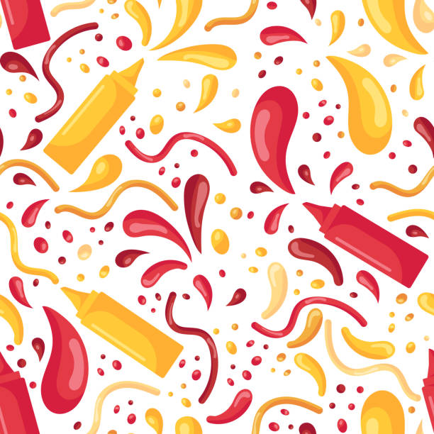 illustrazioni stock, clip art, cartoni animati e icone di tendenza di modello senza cuciture con fast food e spruzzi di senape e ketchup in bottiglie di plastica per salse in stile piatto isolate su uno sfondo bianco - salsa da accompagnamento