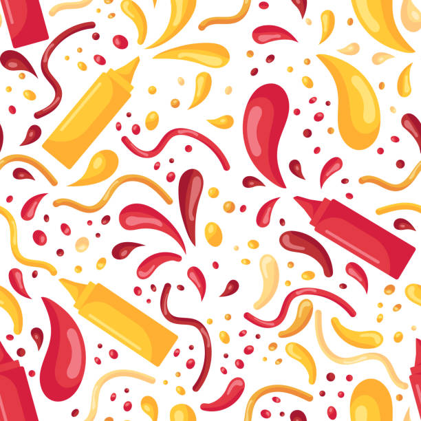 흰색 배경에 고립 된 평평한 스타일로 소스를 위해 플라스틱 병에 패스트 푸드와 겨자 및 케첩의 스플래시가있는 매끄러운 패턴 - hot dog snack food ketchup stock illustrations