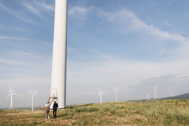 istock Engineer and businessman walking on field with wind turbines 1362713647