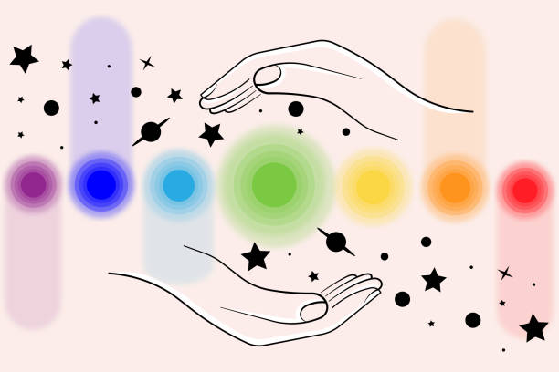 Reiki Hands Reiki hands. Reiki treatment. Alternative healing. Alternative healthcare concept. Vector illustration. chakra stock illustrations