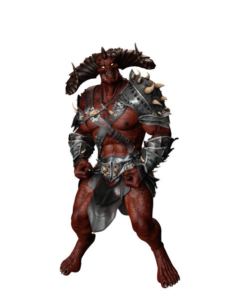 istock 3d illustration of a red skinned demon with large horns. 1362716671