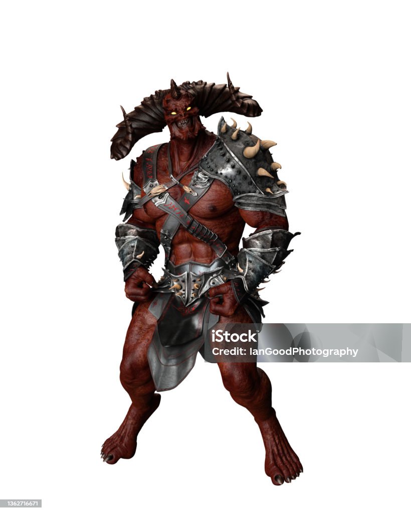 3d illustration of a red skinned demon with large horns. Red skinned demon with large horns  wearing armour in menacing pose. 3D illustration isolated on white background. Animal Stock Photo