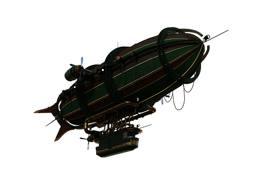 Looking up at a steampunk styled airship. 3D illustration isolated on a white background.