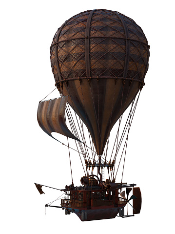 Steampunk hot air balloon. 3D illustration isolated on a white background.