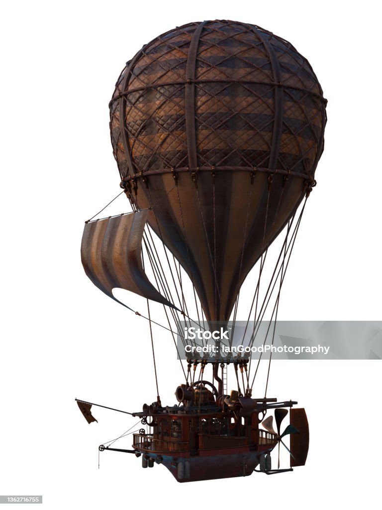 3D illustration of a stempunk hot air balloon isolated on white. Steampunk hot air balloon. 3D illustration isolated on a white background. Steampunk Stock Photo