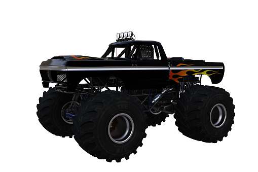 Black monster truck with orange flames painted on the side. 3D illustration isolated on a white background.