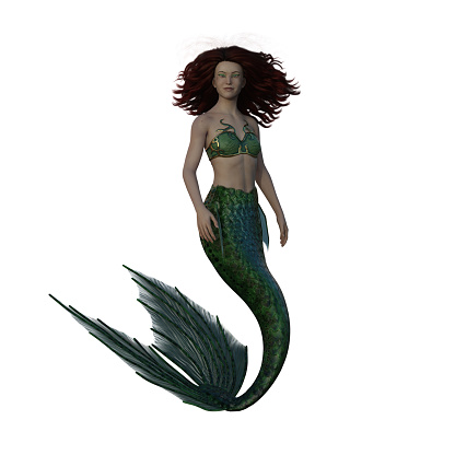 Beautiful mermaid with red hair and green tail floating under water. 3D illustration isolated on a white background.