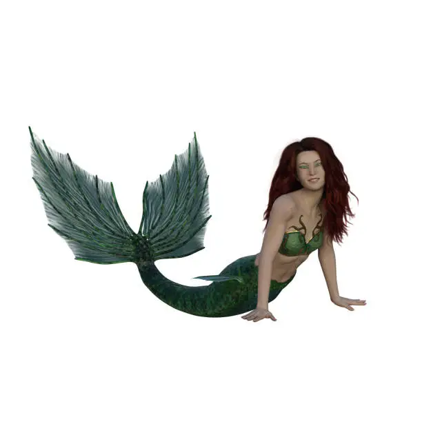 Beautiful red haired mermaid leaning on her hands with green tail spread behind. 3D illustration isolated on a white background.