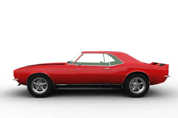 Red retro American muscle car seen from side view. 3d illustration isolated on a white background.