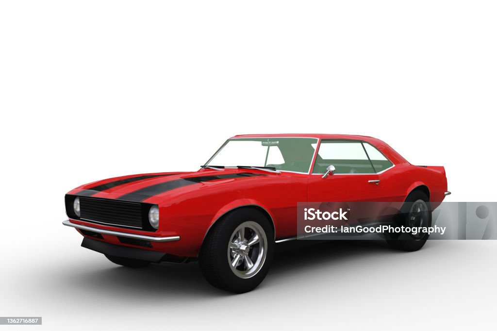 3D render of a red retro American muscle car isolated on white. Red retro American muscle car. 3d illustration isolated on a white background. Sports Car Stock Photo