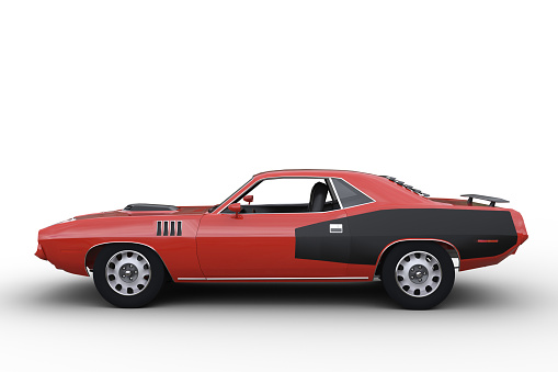 Red and black retro American muscle car seen from side view. 3d illustration isolated on a white background.