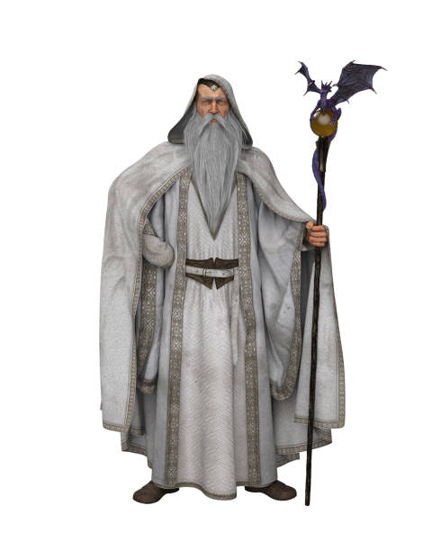 istock 3D illustration of an old bearded white wizard standing with his staff. 1362717040