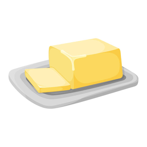 illustrazioni stock, clip art, cartoni animati e icone di tendenza di prodotto lattiero-caseario ingrediente naturale burro o margarina icona, concetto cartone animato biologico latticini colazione cibo illustrazione vettoriale, isolato su bianco. - butter