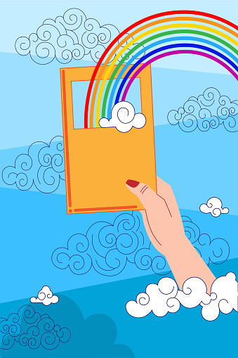 Colorful vector illustration of a female hand holding a book. Sky, clouds, rainbow. Book cover. Book lovers, bookworm, education, knowledge. Vector illustration.