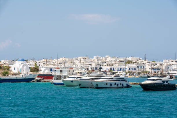 Boats in the port of Chora stock photo