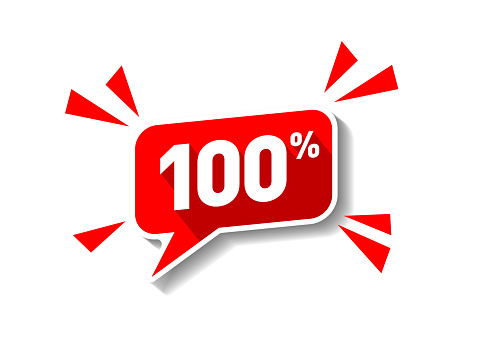 Red speech bubble 100 Percent off Sign. Special Offer 100% Discount Tag. Vector Sticker on transparent background