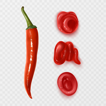 Red chili pepper isolated on white background and red sauce drops