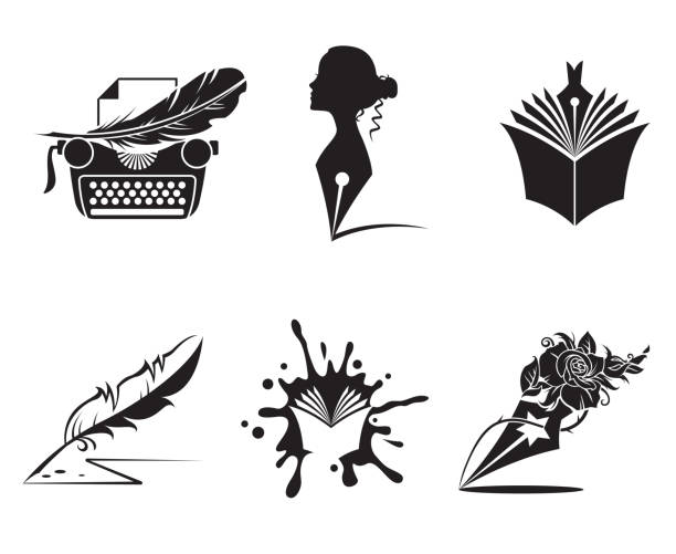 ilustrações de stock, clip art, desenhos animados e ícones de writer icon set - author writing retro revival women
