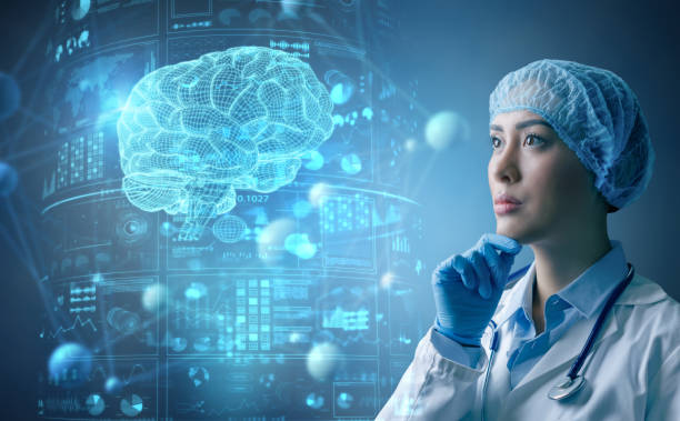 istock Pensive surgeon looking at patient brain on futuristic screen 1362720924