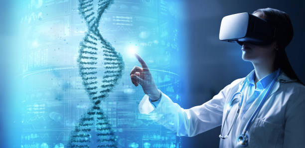 Woman doctor wearing VR glasses examines DNA helix. stock photo