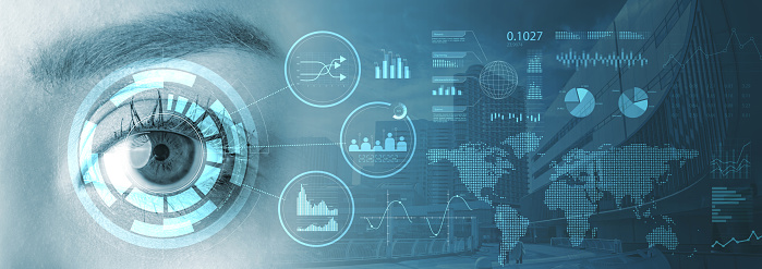 Woman eye with hud interface and infographics in an abstract blue-grey background. Global network connection.