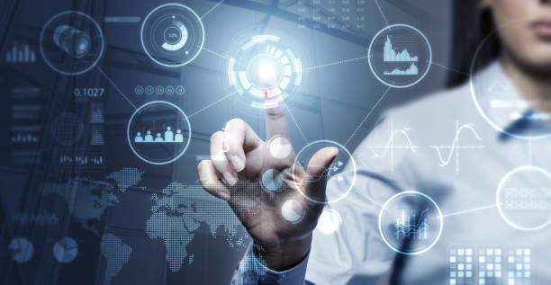 istock Businesswoman finger pushing graph on a touch screen 1362721626
