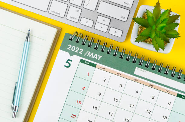 istock May 2022 desk calendar and diary with keyboard computer. 1362721638