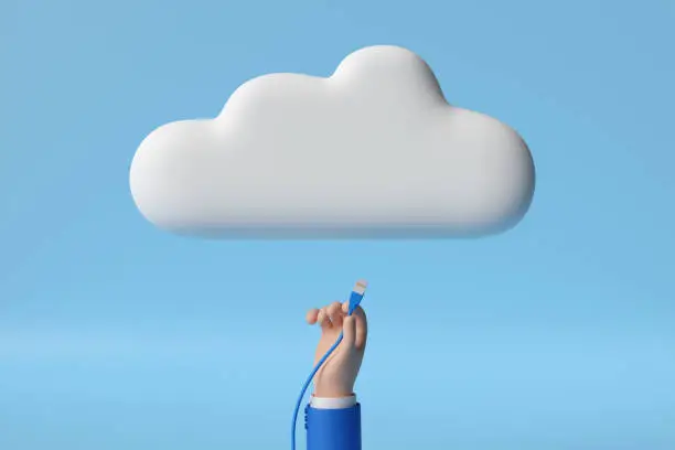 Photo of Cartoon hand connecting a network cable to a cloud. 3d illustration.