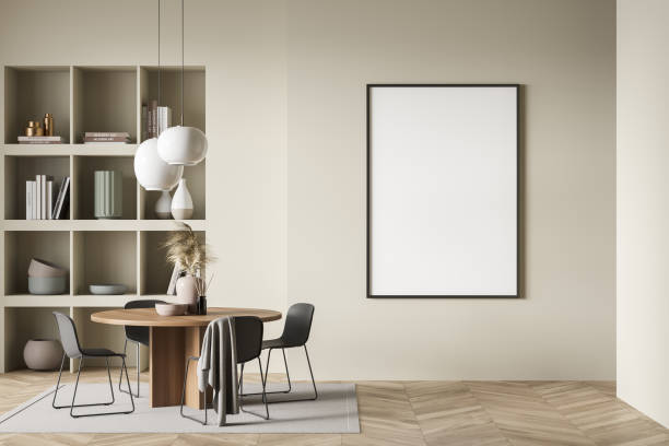 istock Light guest room interior with chairs and bookshelf, table and mockup poster 1362722305