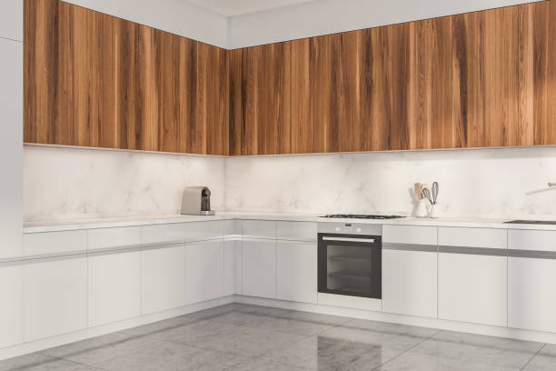istock Light kitchen set interior with shelves and appliances, tiled floor 1362723167