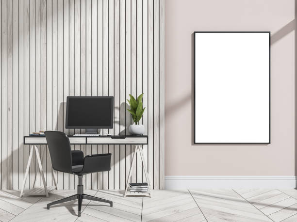 istock Empty mockup frame on light beige wall and wood home office 1362723293