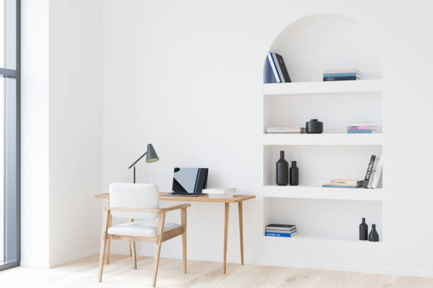 istock Workplace interior with table and laptop on parquet floor. Mockup 1362723566