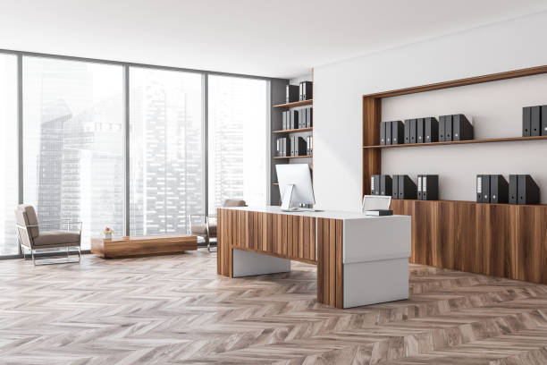 istock Bright office room interior with panoramic window, desktop, bookshelf 1362723609