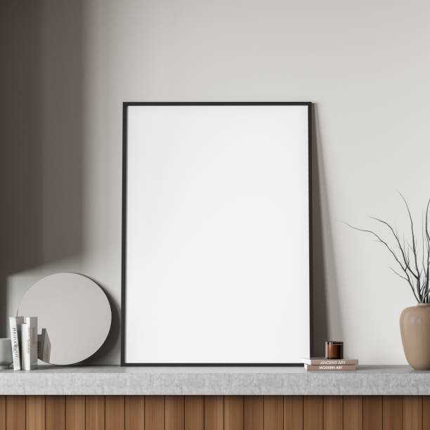 istock Standing mockup frame in bedroom with shelf 1362724355
