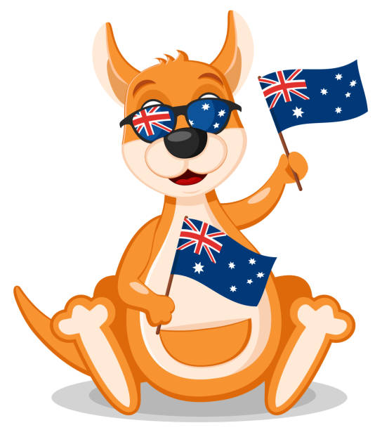 ilustraciones, imágenes clip art, dibujos animados e iconos de stock de un canguro con gafas sostiene la bandera australiana. carácter, día de australia - australia australia day celebration flag