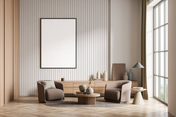 istock Light guest room interior with armchairs and drawer, mockup posters 1362724542