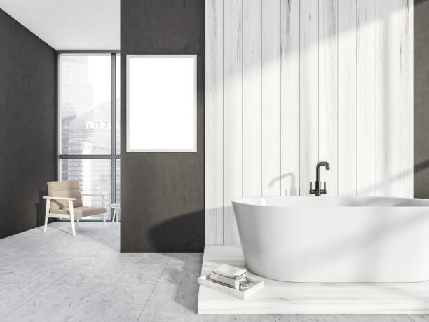 istock Grey and white wood hotel bathroom with wall mockup 1362724762