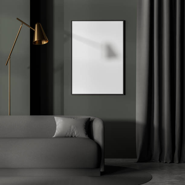 istock Grey sofa in living room interior with lamp, mockup poster 1362724961