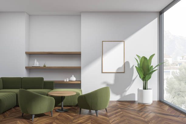 istock Bright living room interior with empty white poster, two armchairs 1362725095