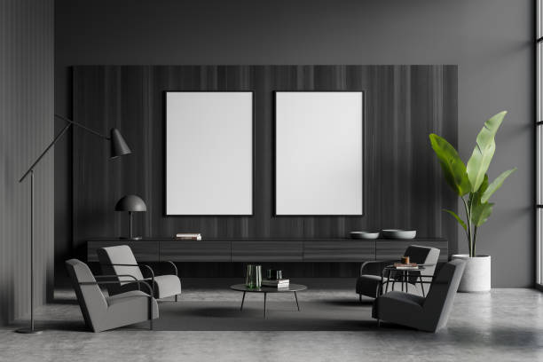 istock Dark guest room interior with armchairs and coffee table, mockup posters 1362725650