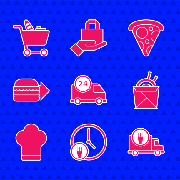 bildbanksillustrationer, clip art samt tecknat material och ikoner med set fast delivery by car, round the clock, asian noodles and chopsticks, chef hat, online ordering burger, slice of pizza and shopping cart food icon. vector - illustrationer med truck