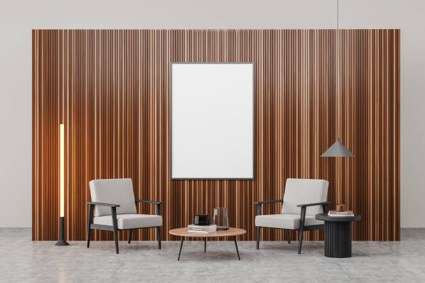 istock Light guest room interior with armchairs and coffee table, mockup poster 1362725825
